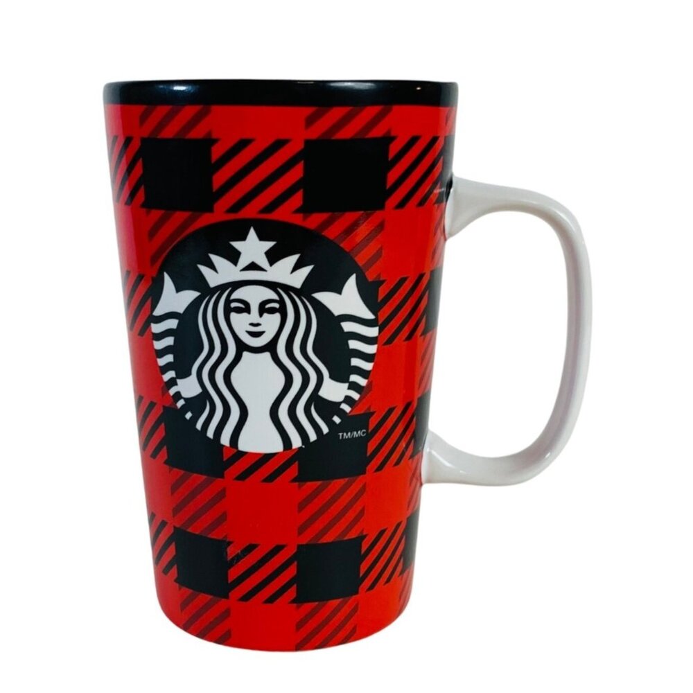 Starbucks Buffalo Plaid Coffee Mug Tall Red Black Checked Ceramic Tumbler 16 Oz